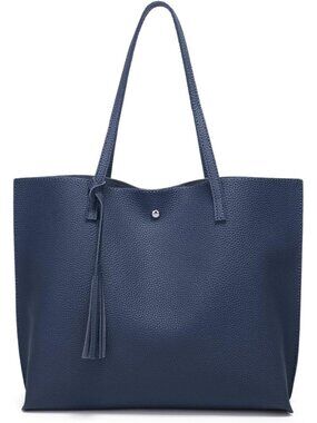 Women's Dark Blue Soft Faux Leather Tassel Style Handbag Tote Shoulder Bag